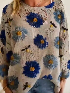 Floral Crochet Knit Sweater Top - Blue Floral